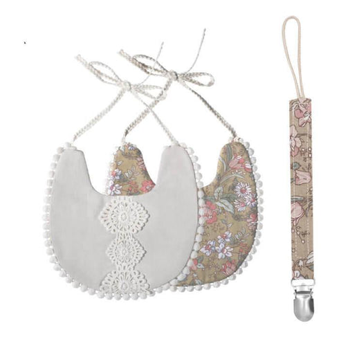 Double-sided bib with pacifier strap 雙面有機棉口水巾&奶嘴帶套裝 – Warm grey